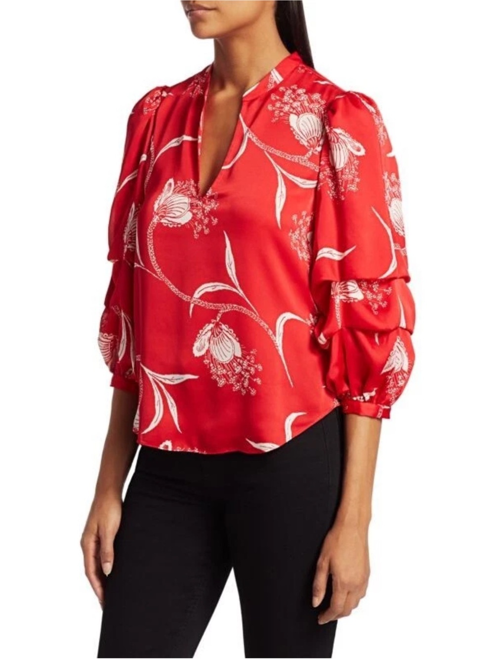 Joie Samyra Floral V-Neck Puff Sleeve Satin Blouse - Picture 3 of 10